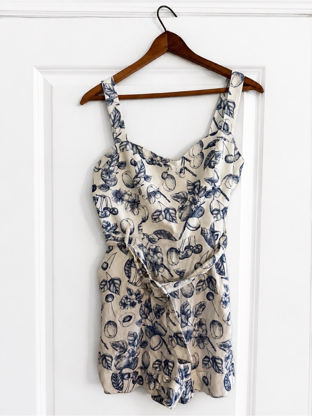 Christian Lacroix Blue & White Toile Fruit Print Linen Blend Belted Romper Small